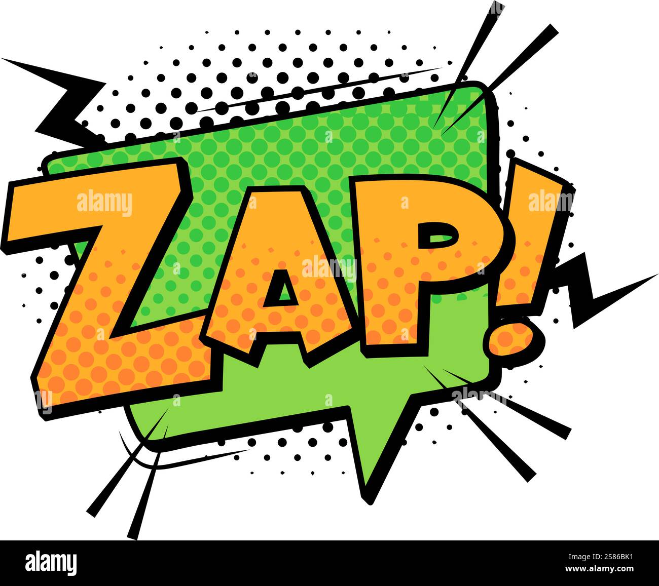 Caratterizzato da una vivace espressione zap verde e arancione in stile fumetto, arricchito da punti mezzitoni e fulmini dinamici, che trasmettono un'azione improvvisa Illustrazione Vettoriale