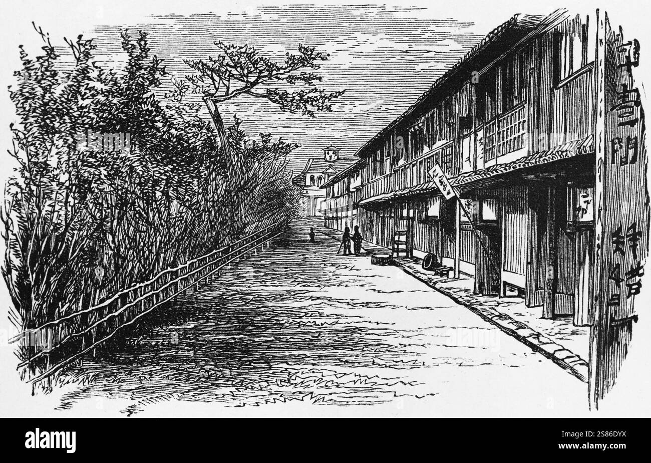 Edifici in una strada giapponese, viaggia in tutto il mondo, illustrazione storica 1887 Foto Stock