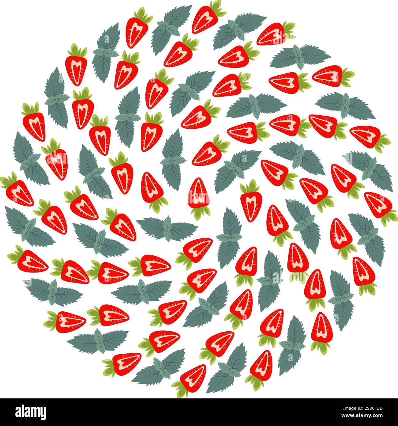 Fragola stilizzata con foglie di menta sfondo circolare dalle tonalità alla moda. Appassionato di frutta estiva. Illustrazione vettoriale isolata schede tematiche o di menu, sfondo di opuscoli, banner promozionali per etichette o Web Illustrazione Vettoriale