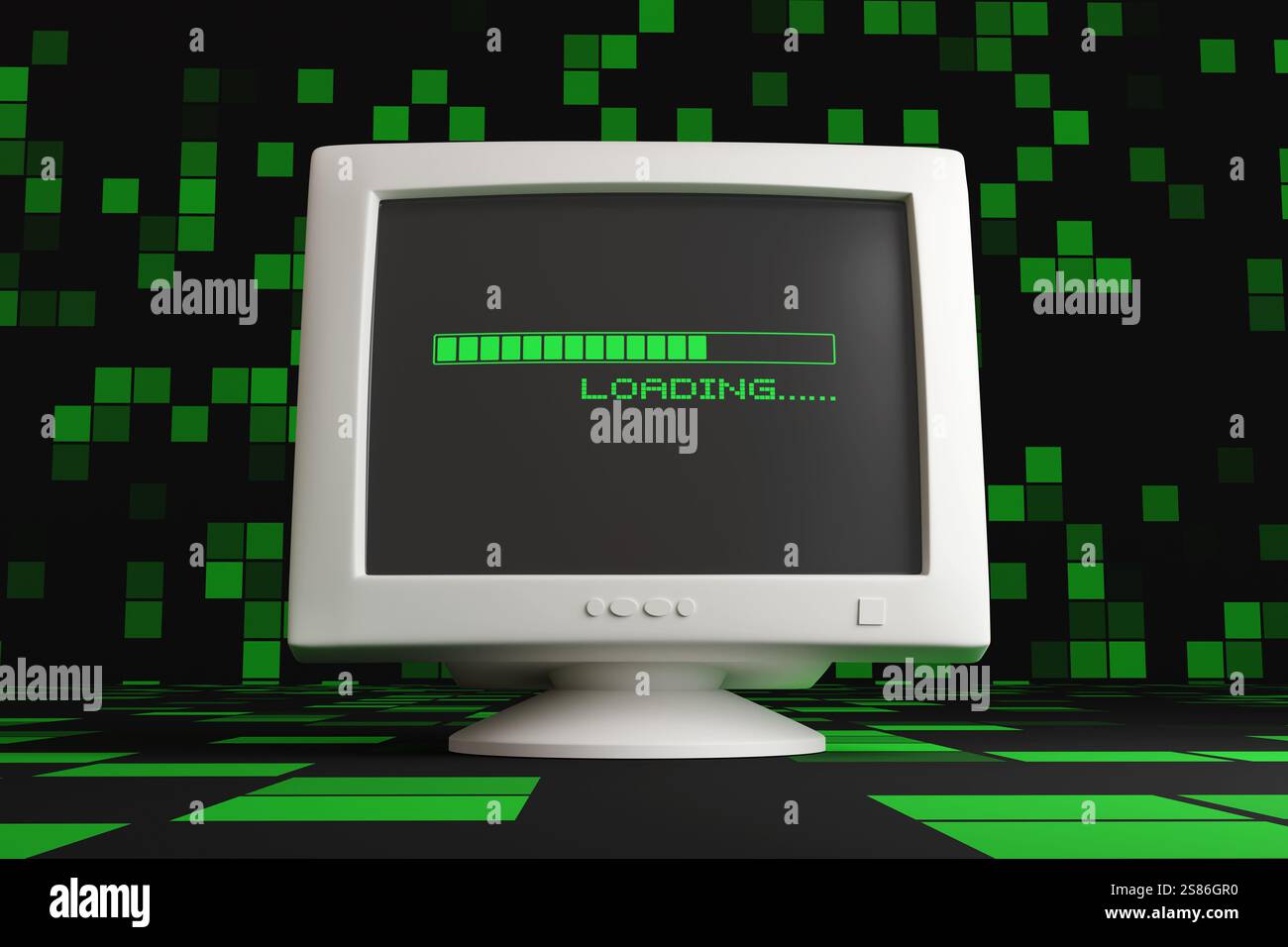 Monitor CRT retro che mostra una barra di avanzamento verde e la parola CARICAMENTO in sfondo a scacchi. Velocità di download, larghezza di banda lenta e CPU Foto Stock