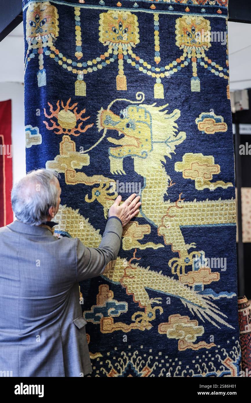 Evolution London, Battersea Park, 21 gennaio 2025 Markus Voigt ha anche un tappeto cinese Ningxia del XIX secolo. 229 x 123 cm, £ 6.800. Ciò che potrebbe sembrare incompleto è spiegato quando si immagina il tappeto avvolto intorno a un pilastro rotondo in un monastero buddista. A volte realizzato in coppia, il gemello, dove il drago è rivolto nella direzione opposta, risiede in un'importante collezione privata di Hong Kong. 21 fino a domenica 26 gennaio 2025 credito: Paul Quezada-Neiman/Alamy Live News Foto Stock