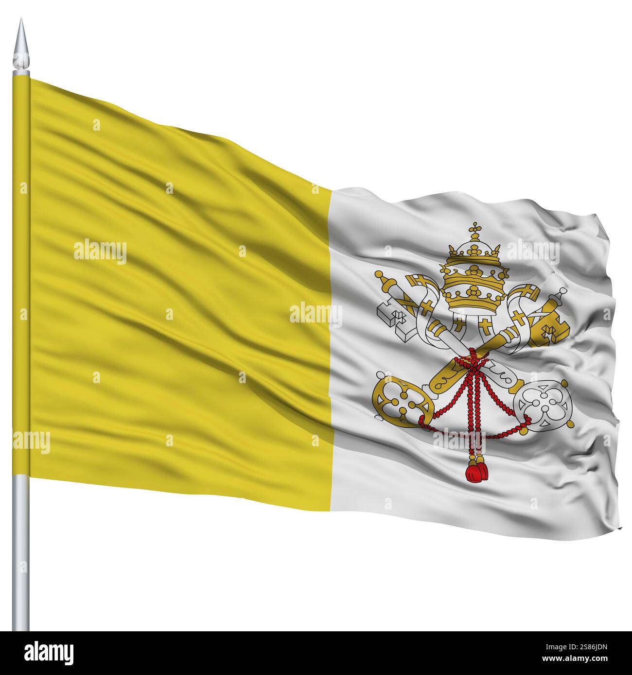 Bandiera Vaticana su Flagpole, Flying in the Wind, isolata su sfondo bianco Foto Stock