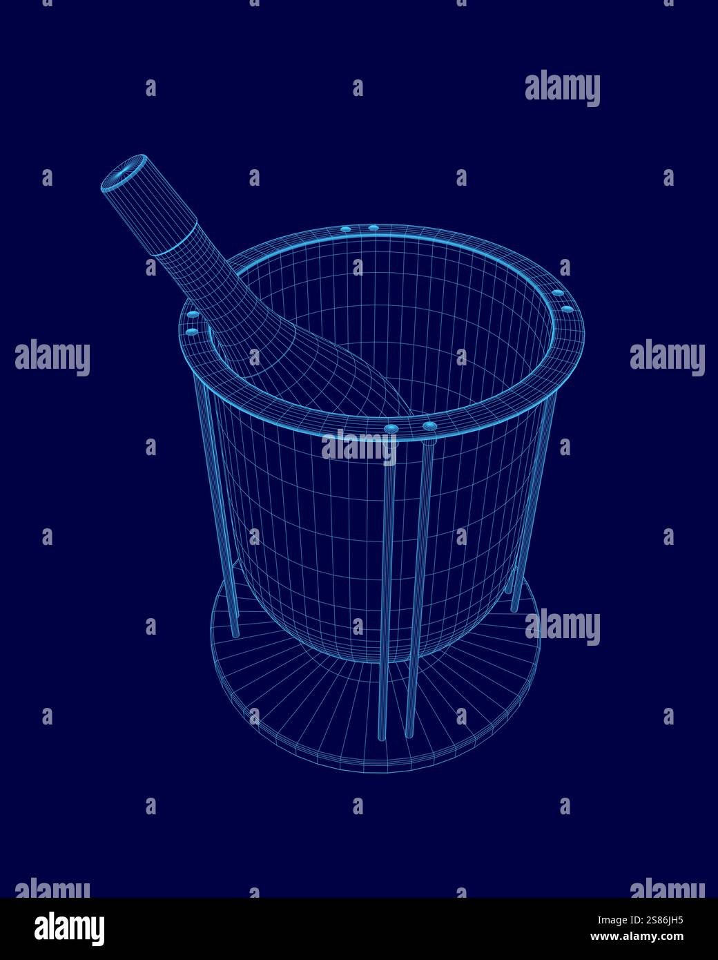 Immagine blu di un bicchiere di vino con un tappo per vino. Il bicchiere di vino è seduto su un tavolo Illustrazione Vettoriale
