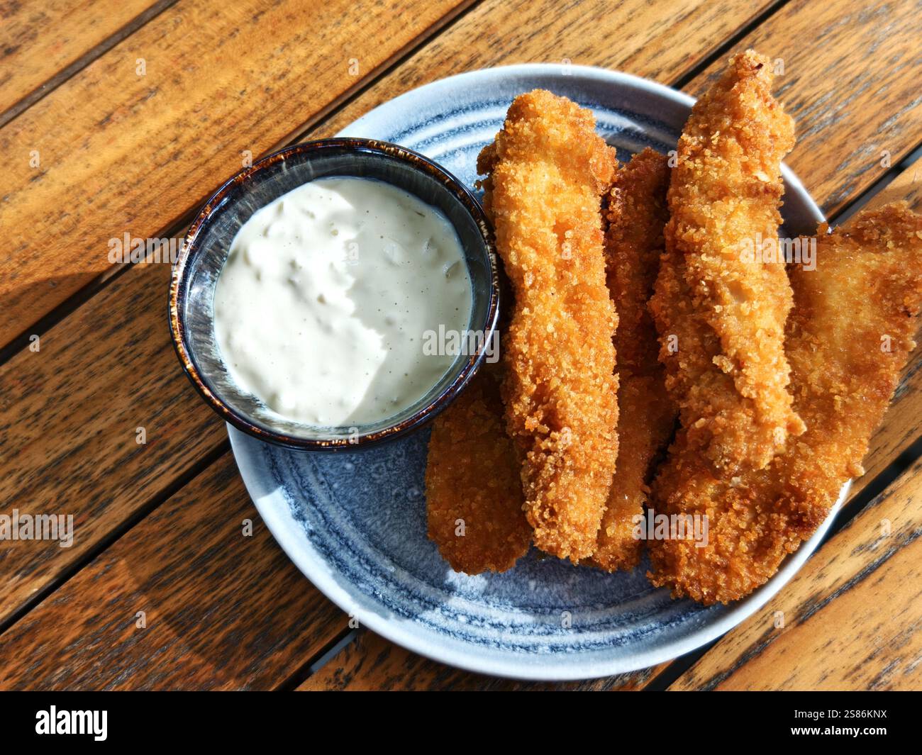 Un piatto di morbide strisce di pollo croccanti con salsa di maionese all'aglio Foto Stock