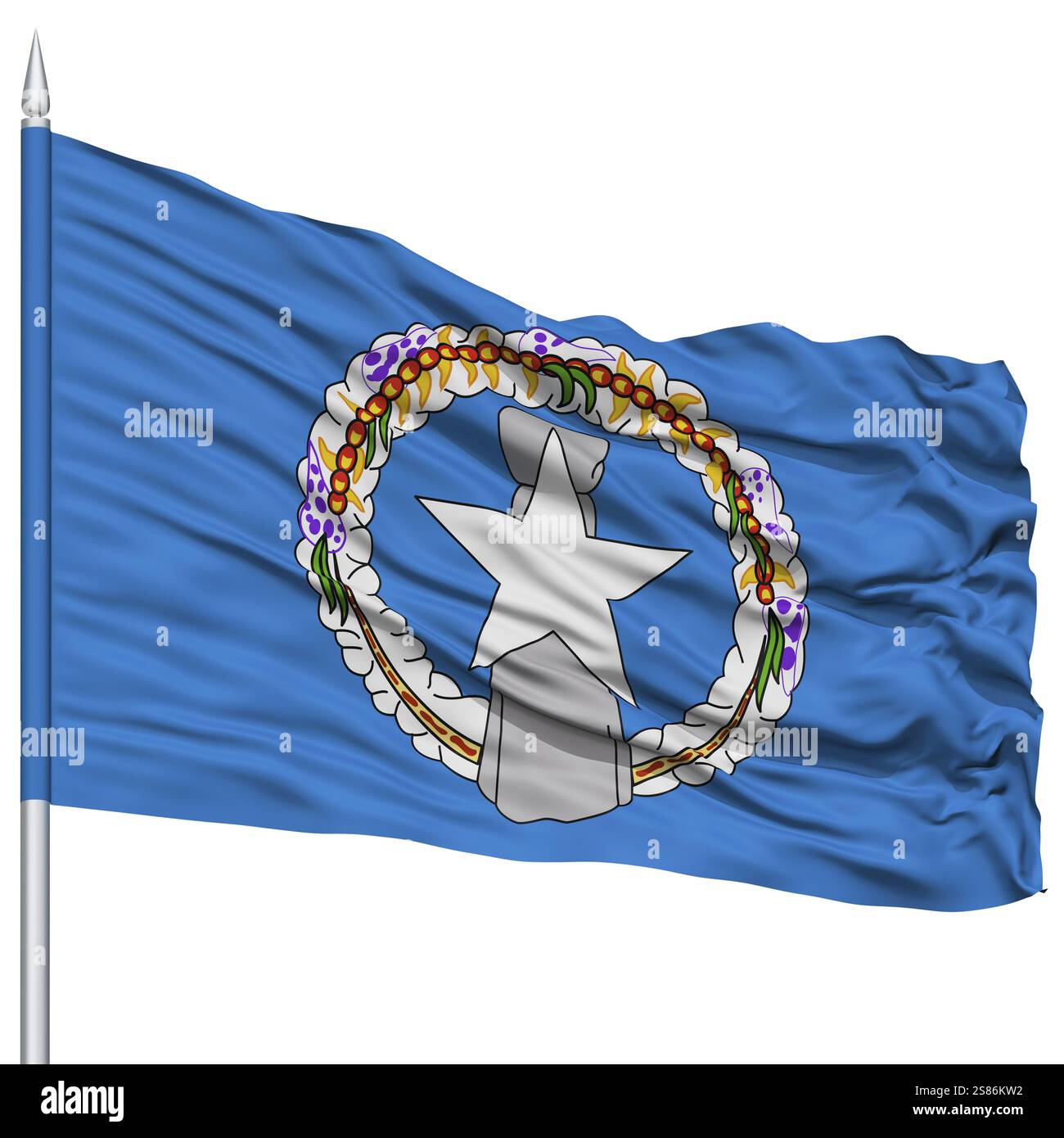 Isolato Isole Marianne Settentrionali bandiera sul pennone, STATI UNITI D'AMERICA membro, volare nel vento, isolato su sfondo bianco Foto Stock