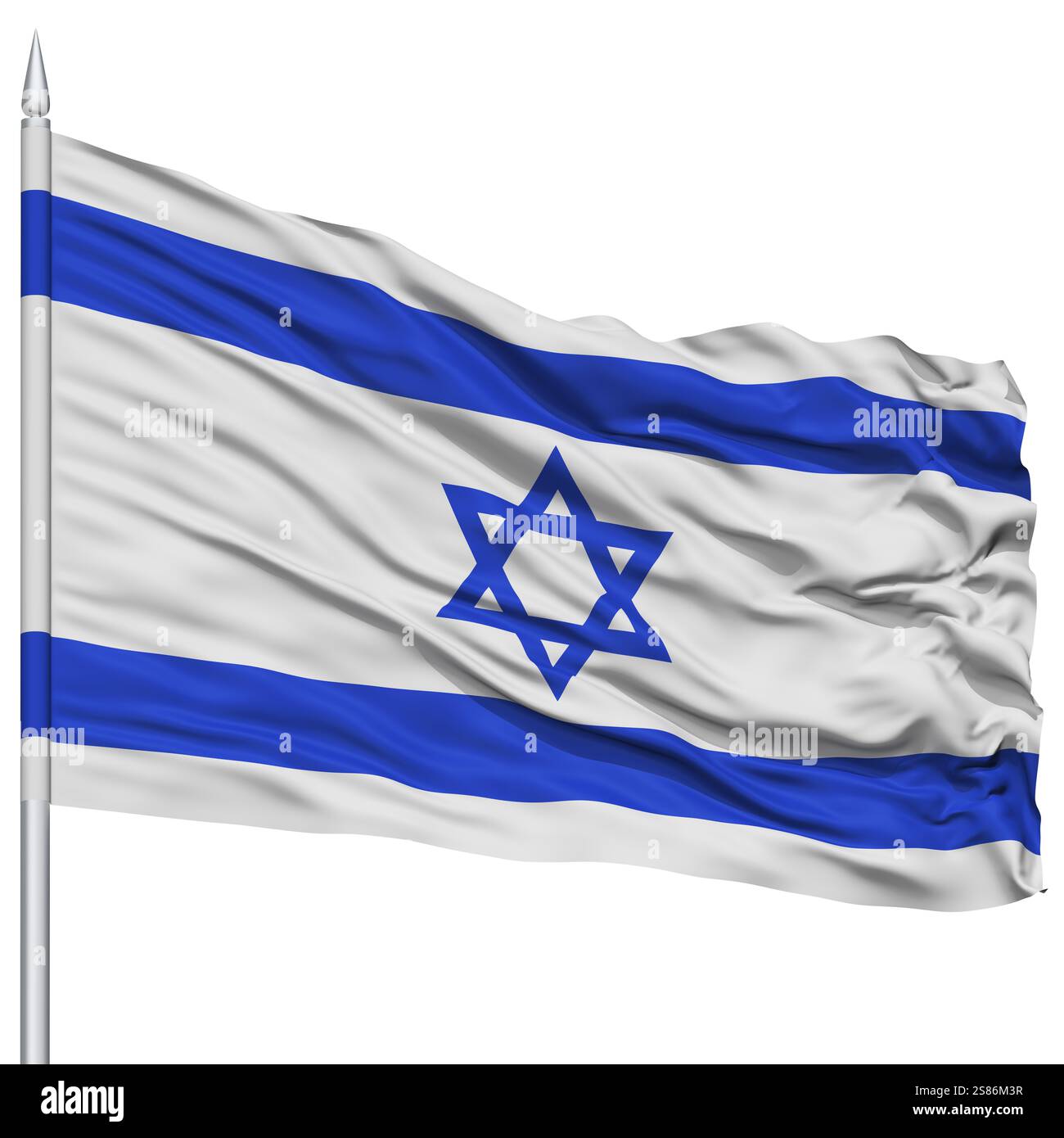 Israele bandiera su Flagpole, Flying in the Wind, isolata su sfondo bianco Foto Stock