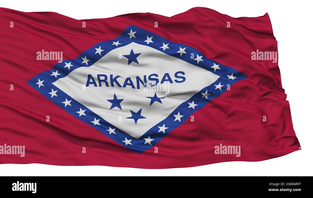 Isolato Arkansas Flag di stato USA, sventola su sfondo bianco, ad alta risoluzione Foto Stock