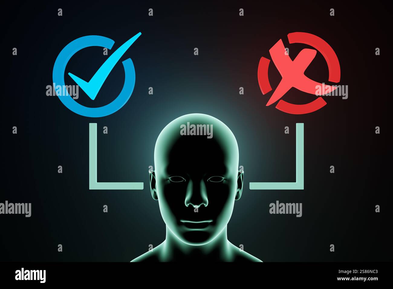 Un segno di spunta blu e una croce rossa che si collegano a un modello di testa umana tramite linee su sfondo nero. Concetto di decisioni, giudizio e ragionamento Foto Stock