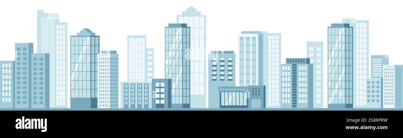 Sfondo del paesaggio urbano. Edifici cittadini, paesaggio urbano con strada. Panorama architettonico moderno in stile piatto. Wallpap orizzontale illustrazione vettoriale Illustrazione Vettoriale