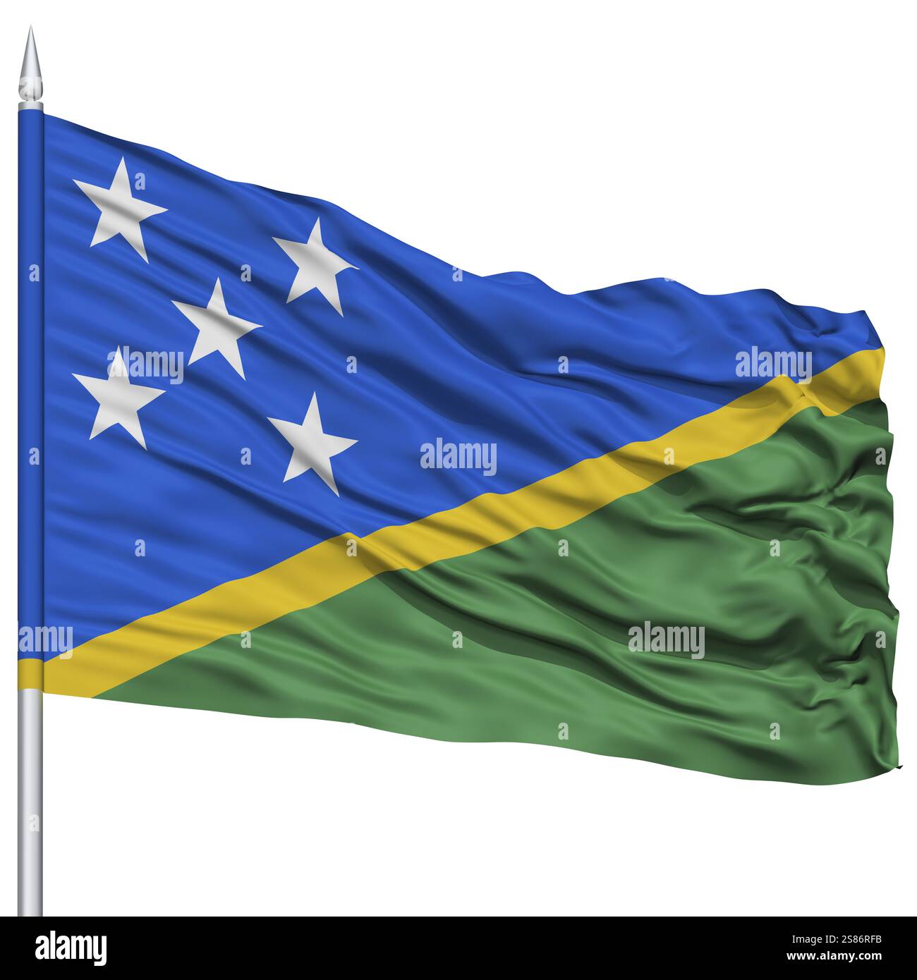 Isole Salomone bandiera su Flagpole, Flying in the Wind, isolata su sfondo bianco Foto Stock