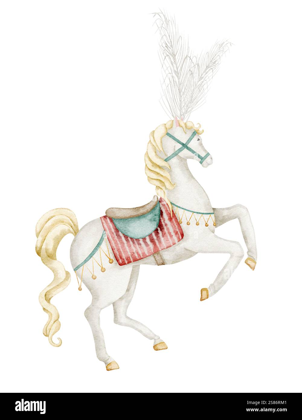 White Circus Horse con copricapo di piume. Illustrazione ad acquerello di animali per spettacoli di Carnevale su sfondo isolato. Disegno per feste o biglietti d'auguri per bambini. Foto Stock
