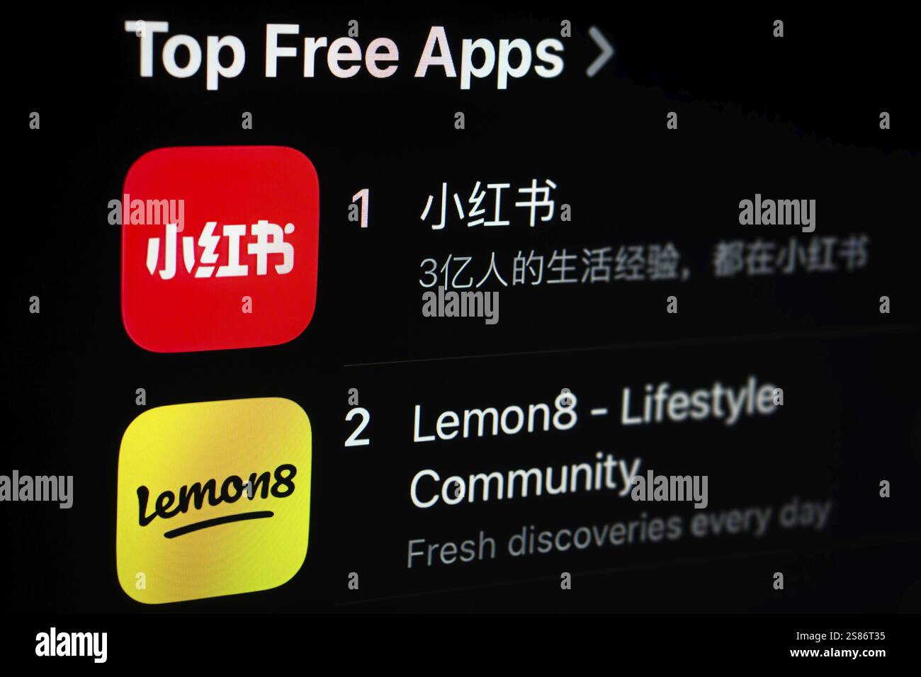 Le migliori classifiche delle applicazioni gratuite nell'app store Apple. App per social media Xiaohongshu (RedNote) e Lemon8 Foto Stock