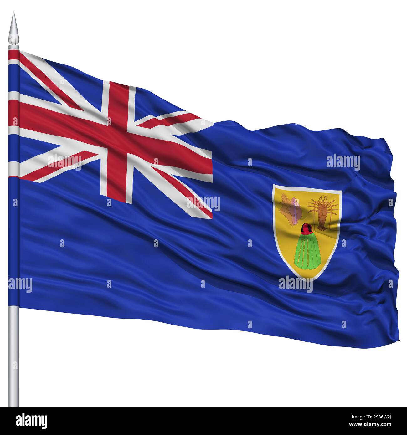 Isole Turks e Caicos bandiera su Flagpole, Flying in the Wind, isolata su sfondo bianco Foto Stock