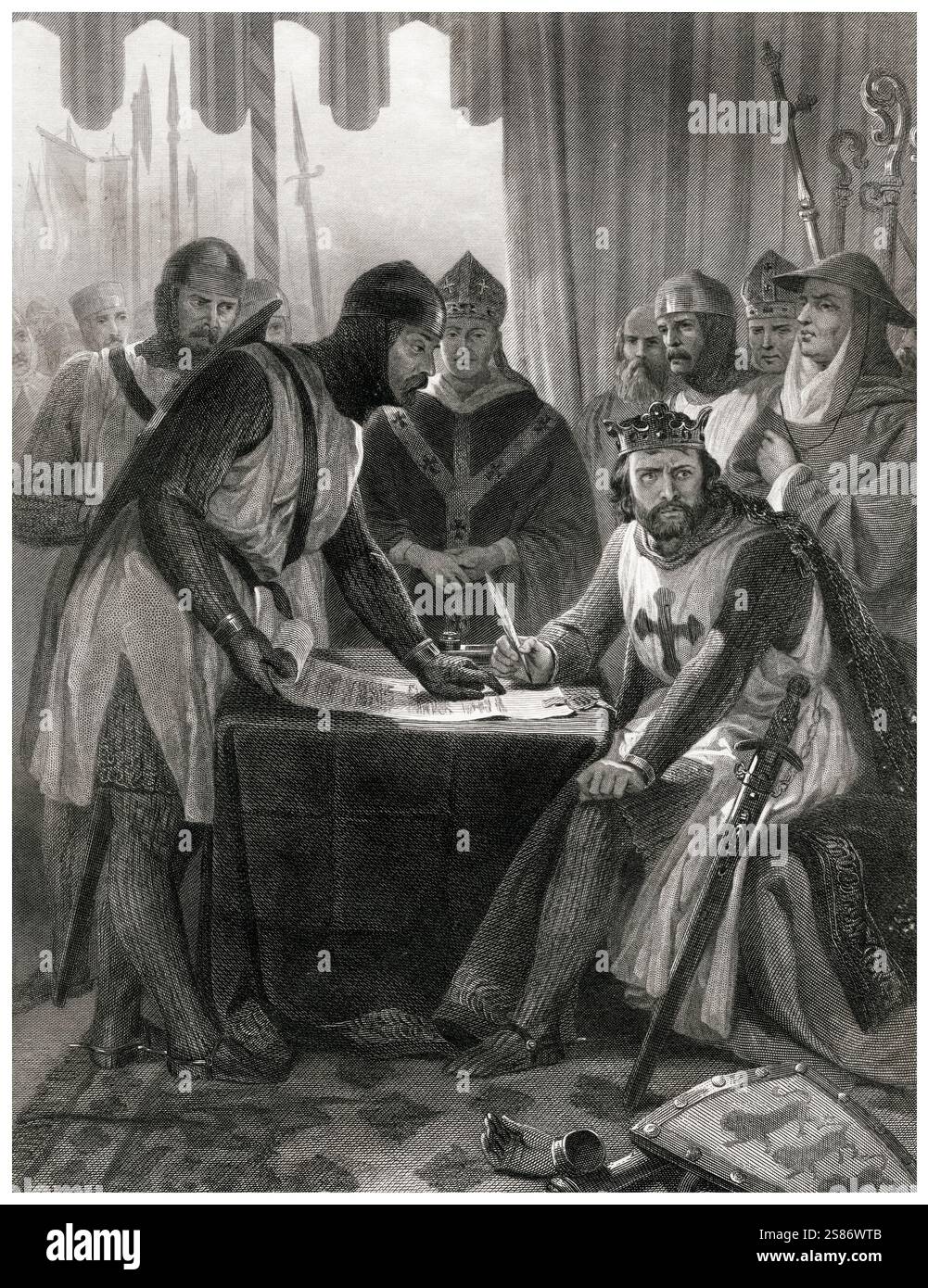Re Giovanni (1166-1216), re d'Inghilterra 1199-1216, firmando la Magna carta a Runnymede il 15 giugno 1215, incisione di Alonzo Chappel, prima del 1887 Foto Stock