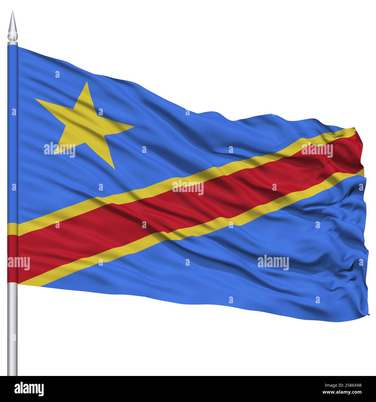 Repubblica Democratica del Congo bandiera su Flagpole, Flying in the Wind, isolata su sfondo bianco Foto Stock