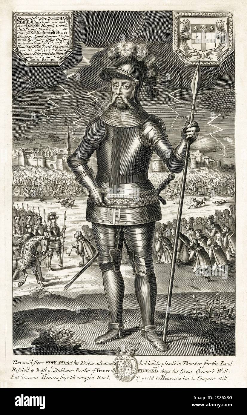 Re Edoardo III d'Inghilterra (1312-1377), re d'Inghilterra 1327-1377, in armatura completa, incisione ritratto, 1688 Foto Stock