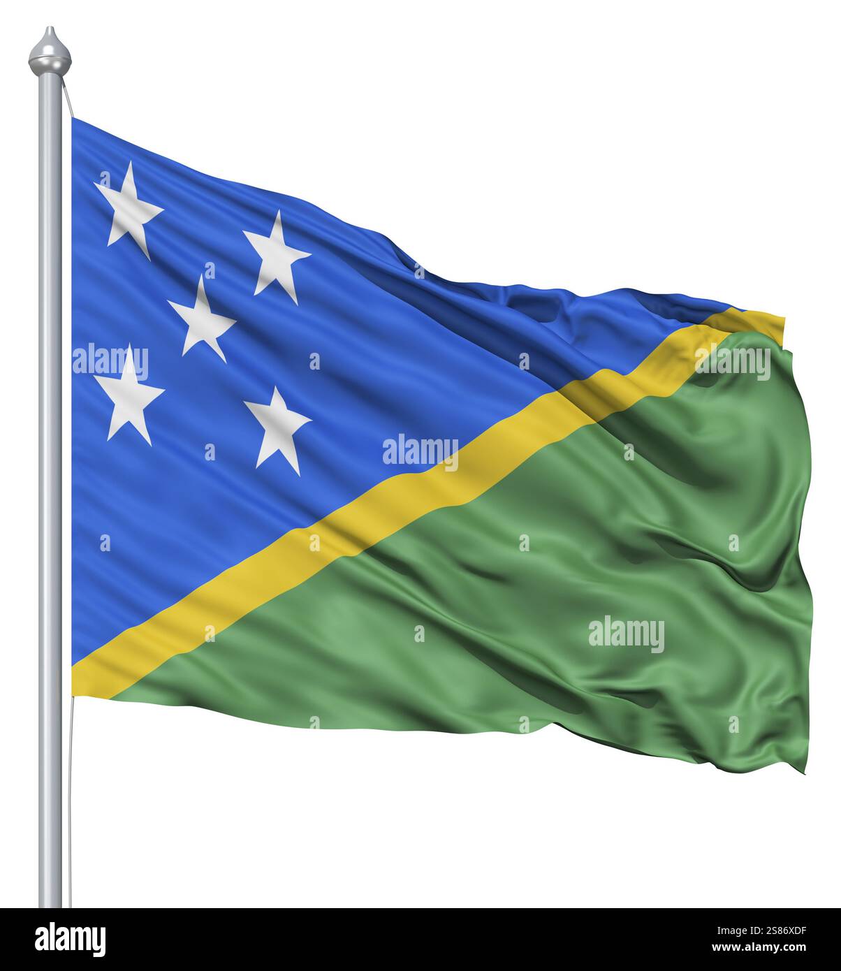 Bandiera delle Isole Salomone con pennone sventolare nel vento contro uno sfondo bianco Foto Stock