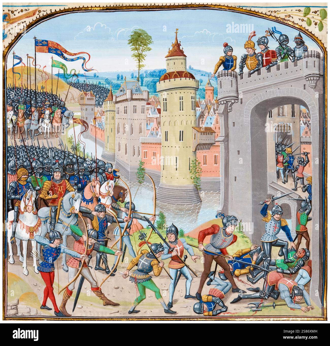Battaglia medievale: La battaglia di Caen, 26 luglio 1346, parte della guerra dei cent'anni, manoscritto miniato dipinto di Loyset Liédet, 1401-1499 Foto Stock