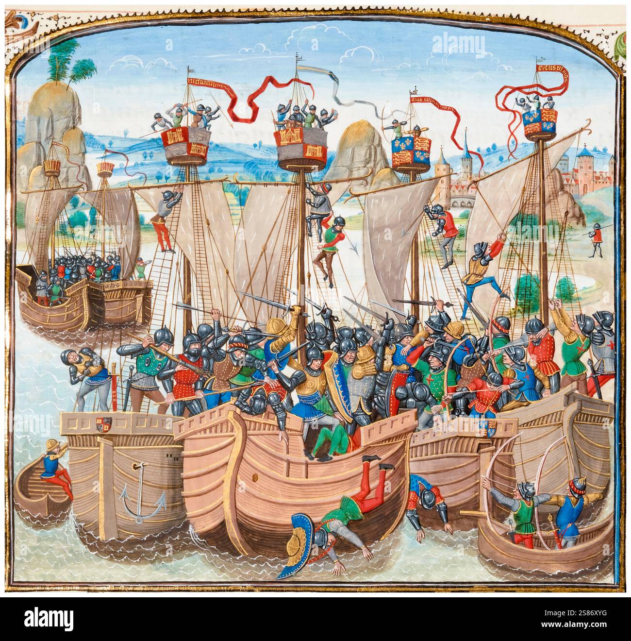 Battaglia medievale: La battaglia di la Rochelle, 22-23 giugno 1372, una battaglia navale tra Inghilterra e Castiglia, parte della Guerra dei cent'anni, manoscritto miniato dipinto di Loyset Liédet, 1401-1499 Foto Stock