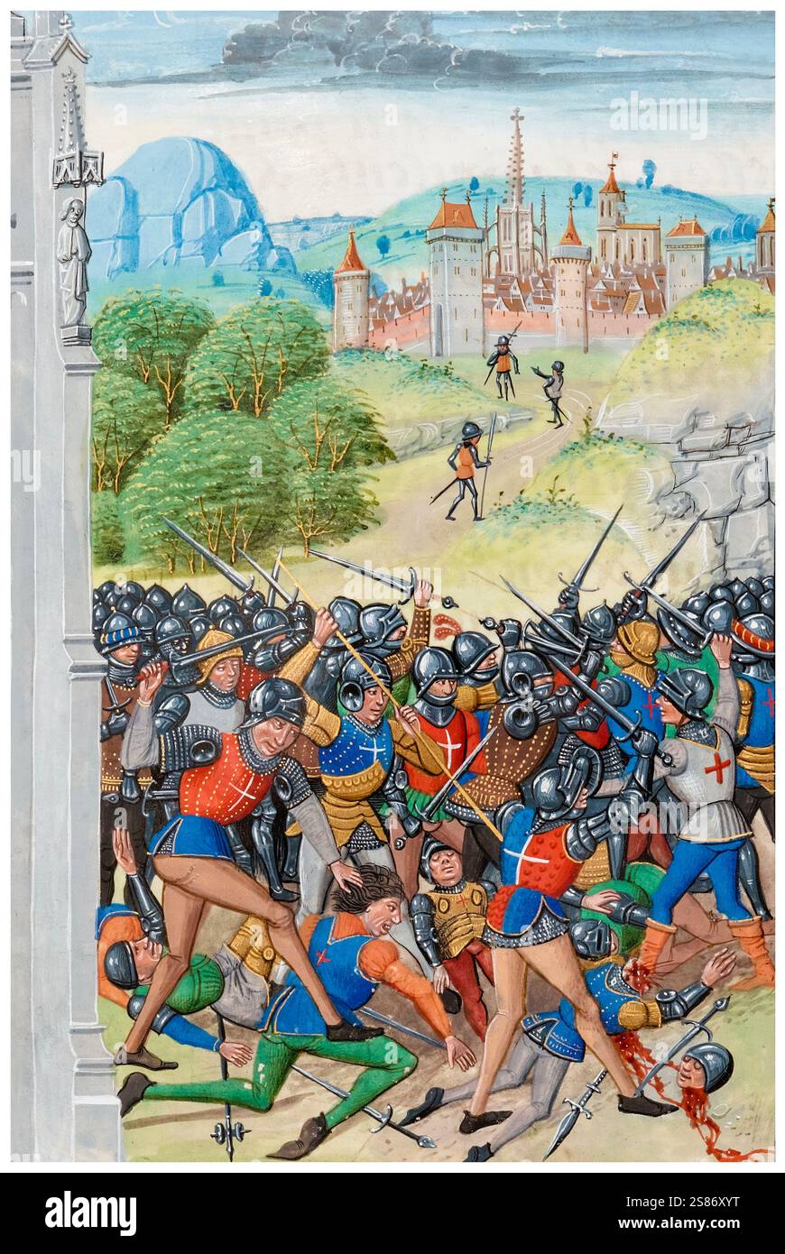Battaglia medievale: Battaglia di Pontvallain, 4 dicembre 1370, tra Francia e Inghilterra, parte della Guerra dei cent'anni, manoscritto miniato dipinto di Loyset Liédet, 1401-1499 Foto Stock