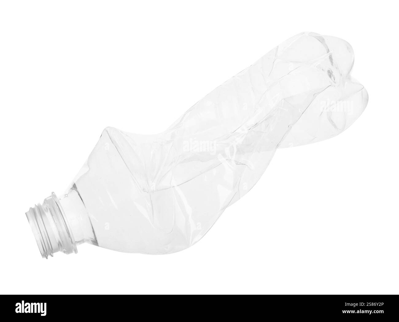 Un flacone di plastica deformato isolato su bianco Foto Stock