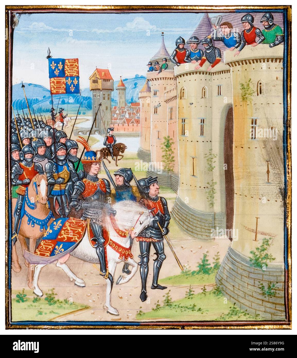 Re Edoardo III d'Inghilterra (1312-1377), durante l'assedio di Berwick-upon-Tweed (marzo-luglio 1333), parte della seconda guerra d'indipendenza scozzese, illustrazione manoscritta miniata di Loyset Liédet, 1401-1499 Foto Stock