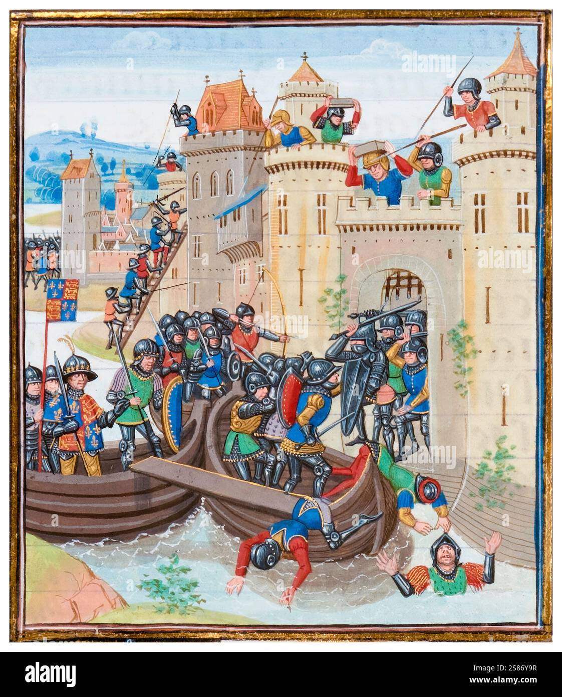 Battaglia medievale: Assedio di Tournai, 23 luglio-25 settembre 1340, parte della Guerra dei cent'anni, illustrazione manoscritta miniata di Loyset Liédet, 1401-1499 Foto Stock