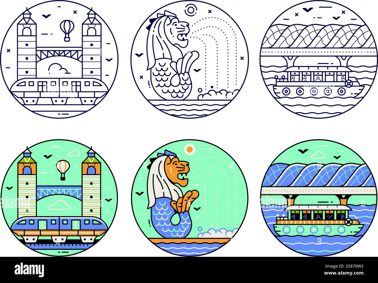 Icone della linea simboli e punti di riferimento di Singapore Illustrazione Vettoriale