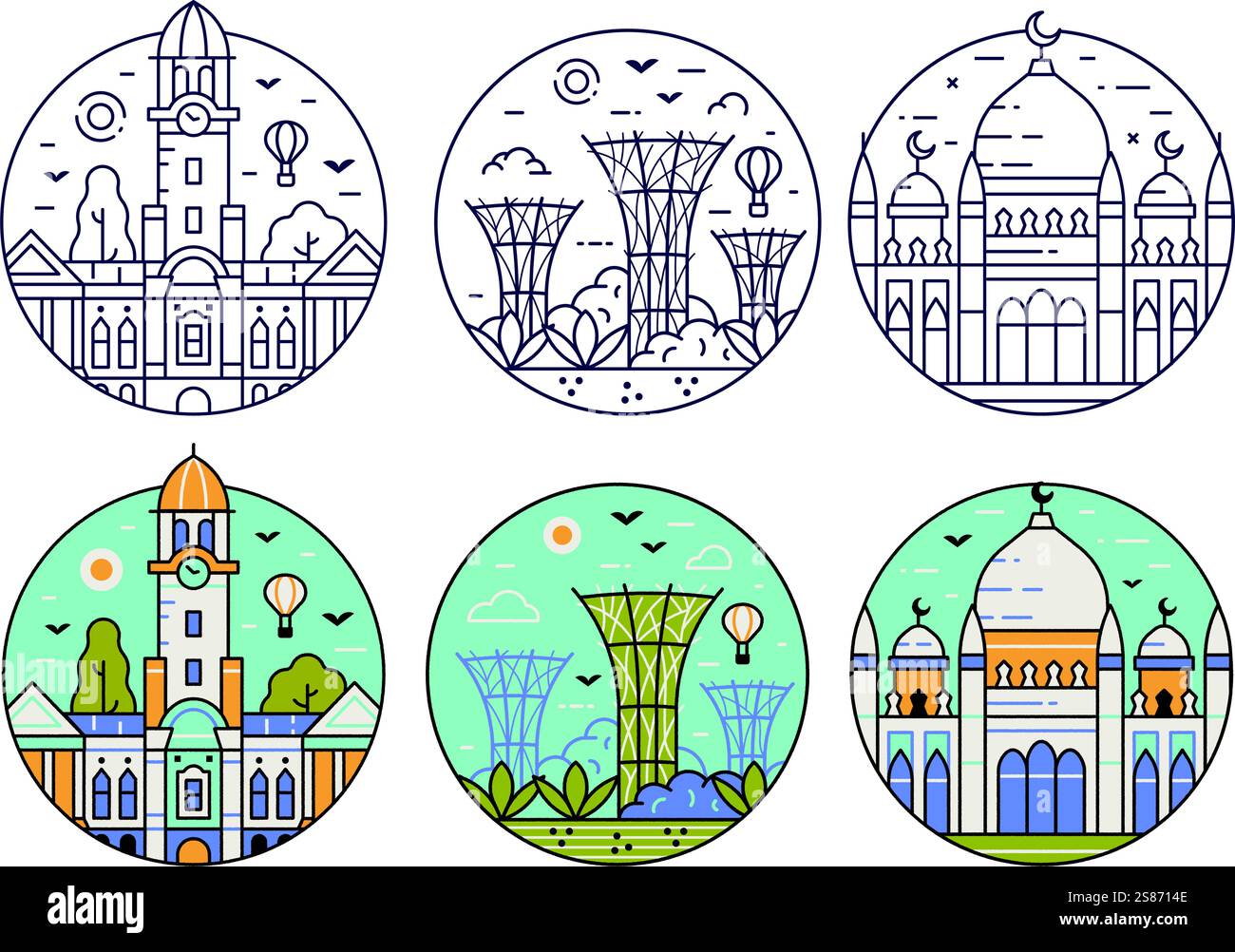 Icone della linea simboli e punti di riferimento di Singapore Illustrazione Vettoriale