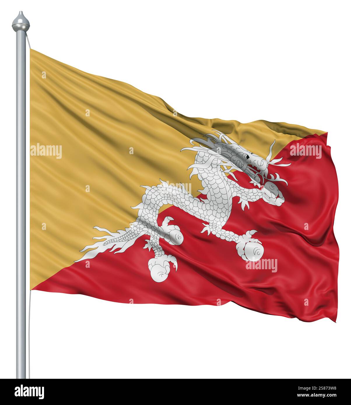 Realistica bandiera 3d del Bhutan che fluttua nel vento Foto Stock