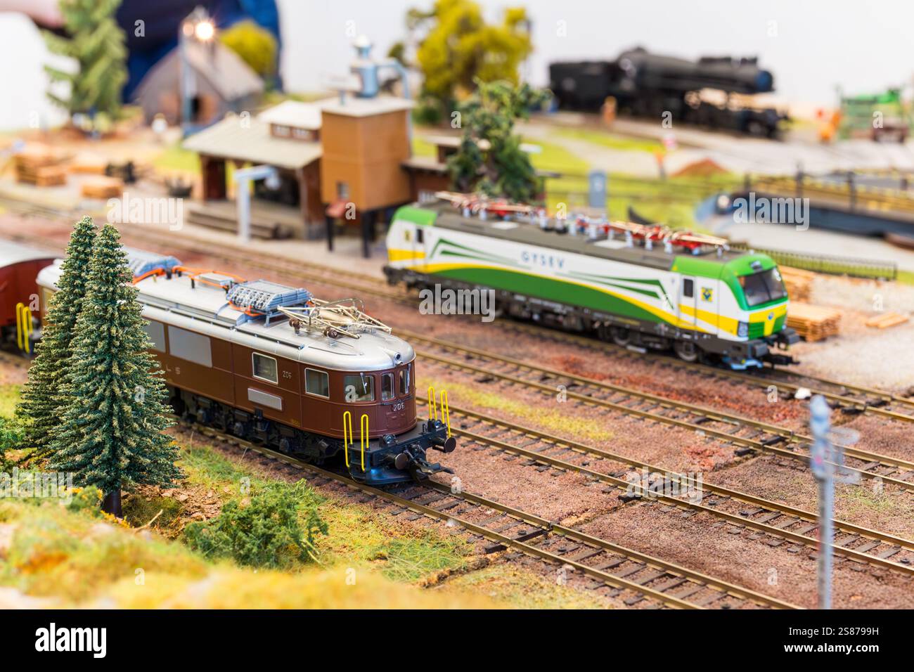 Modellini di locomotive ferroviarie. Modello di layout ferroviario in mostra Foto Stock