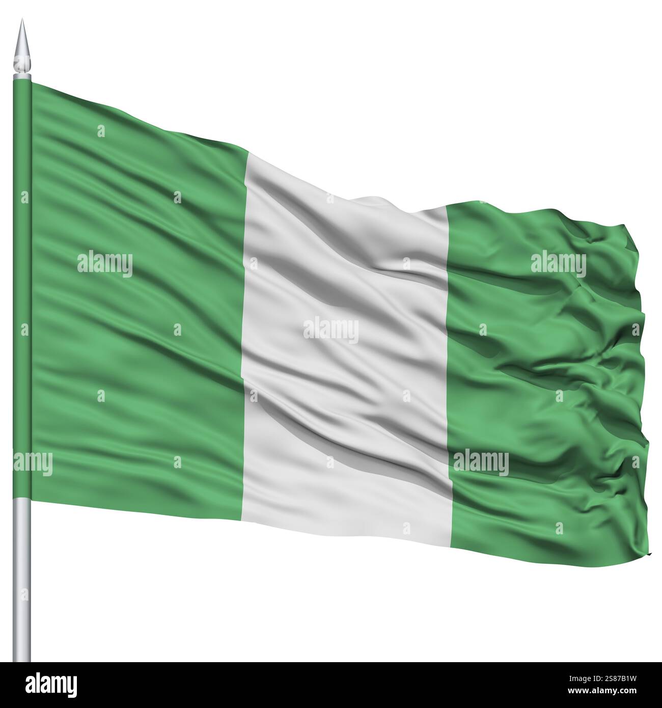 Nigeria bandiera su Flagpole, Flying in the Wind, isolata su sfondo bianco Foto Stock