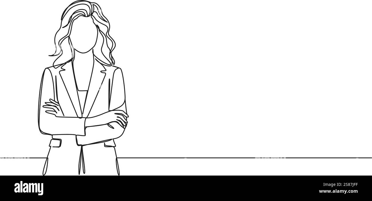 disegno continuo a linea singola di donna d'affari in piedi con le braccia incrociate, illustrazione vettoriale grafica a linea Illustrazione Vettoriale