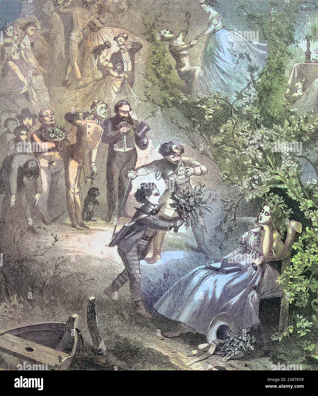 Ragazza di una ricca famiglia seduta da sogno nel giardino sotto un cespuglio di rose. Sogna molti adoratori che desiderano stare con lei / Mädchen aus reicher Familie sitzt verträumt im Garten unter einem Rosenstrauch. SIE träumt von vielen anbetenden Männern, Die mit ihr sein wollen, riproduzione storica, digitale migliorata di un originale del XIX secolo / digitale Reproduktion einer Originalvorlage aus dem 19. Jahrhundert, Originaldatum nicht bekannt, CA 1880 Foto Stock