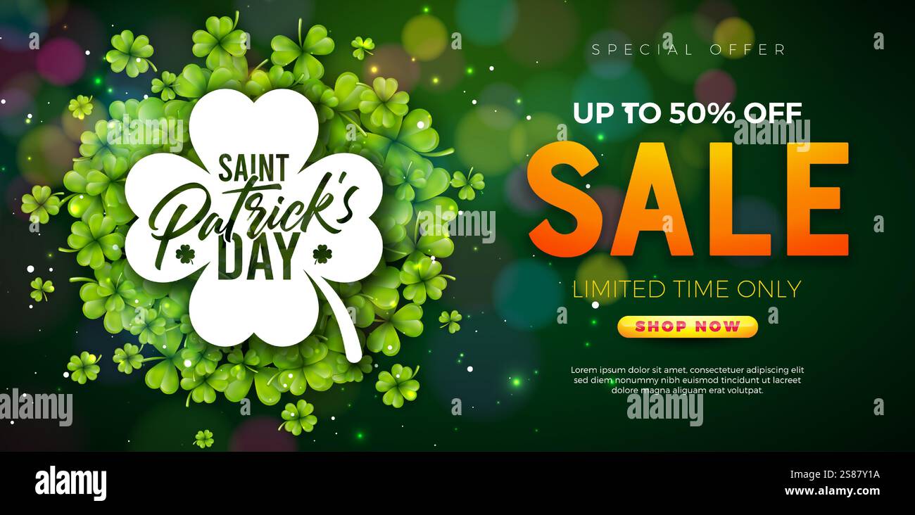 Illustrazione banner saldi per il giorno di San Patrizio con foglie di trifoglio e scritte tipografiche su sfondo verde lucido. Tradizionale giornata irlandese di St. Patricks Illustrazione Vettoriale