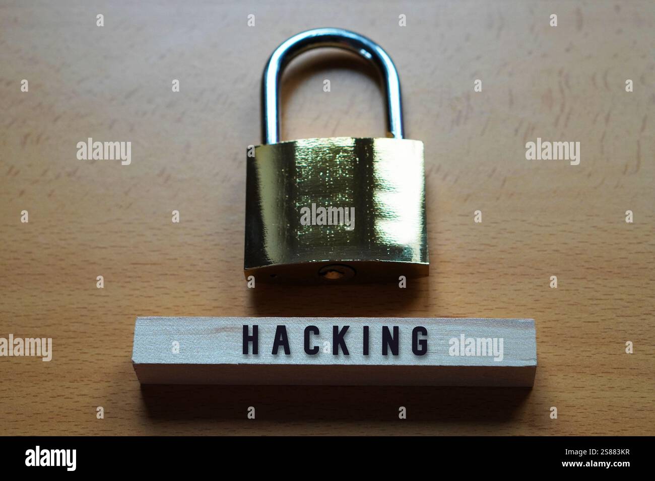 concetto di hacking e sicurezza. lucchetto dorato con una parola scritta su un blocco di legno. Foto Stock