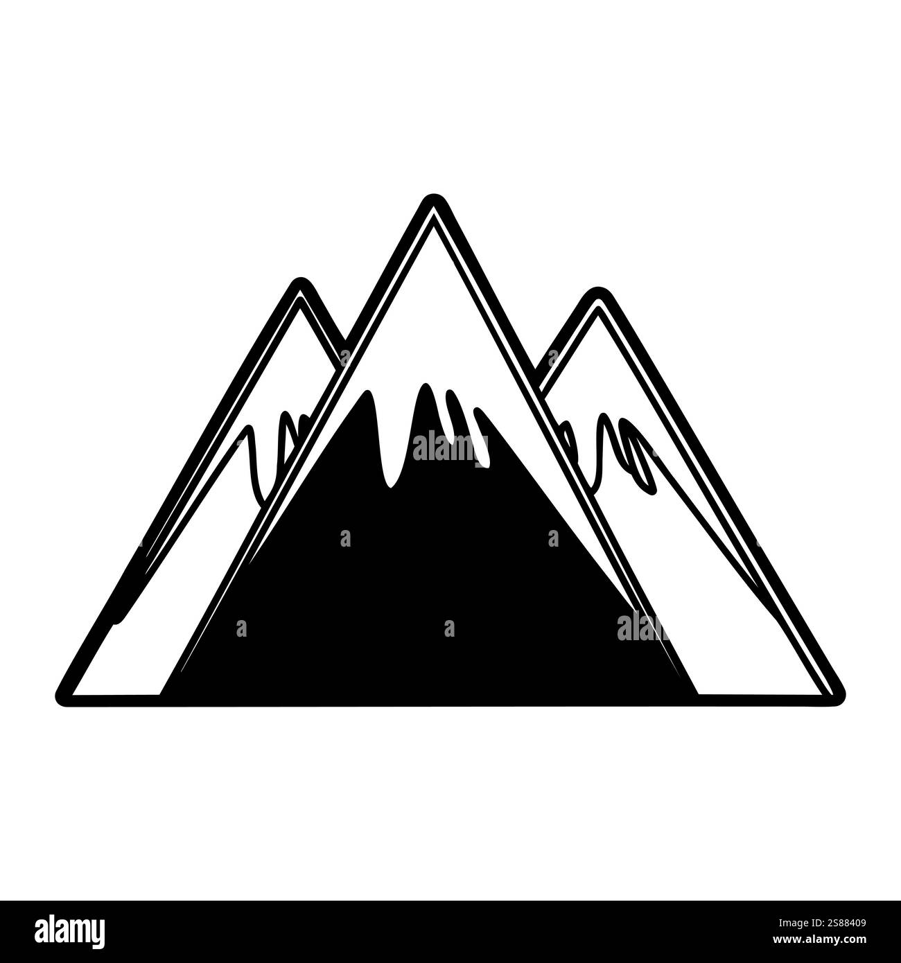 Illustrazione disegnata a mano di due maestose cime di montagna ricoperte di neve, che creano un contrasto sorprendente con il semplice sfondo bianco Illustrazione Vettoriale