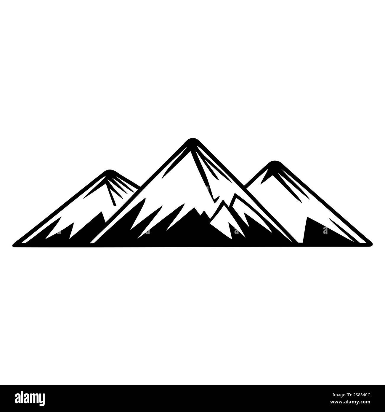 Illustrazione disegnata a mano di due maestose cime di montagna ricoperte di neve, che creano un contrasto sorprendente con il semplice sfondo bianco Illustrazione Vettoriale