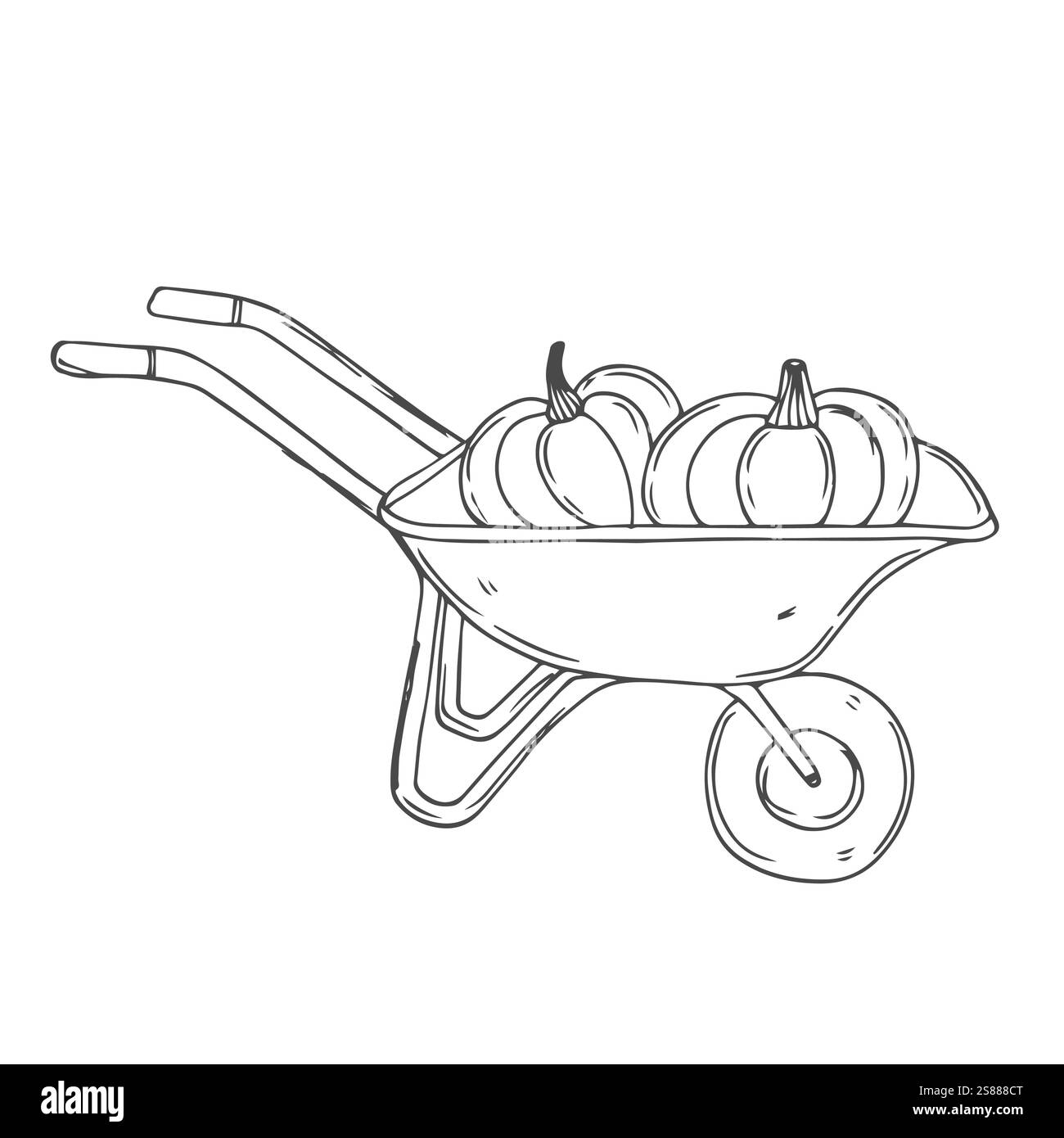 Carrello da giardino con zucca e mele. Raccolta. Illustrazione del contorno in bianco e nero, isolata su sfondo bianco. Illustrazione Vettoriale