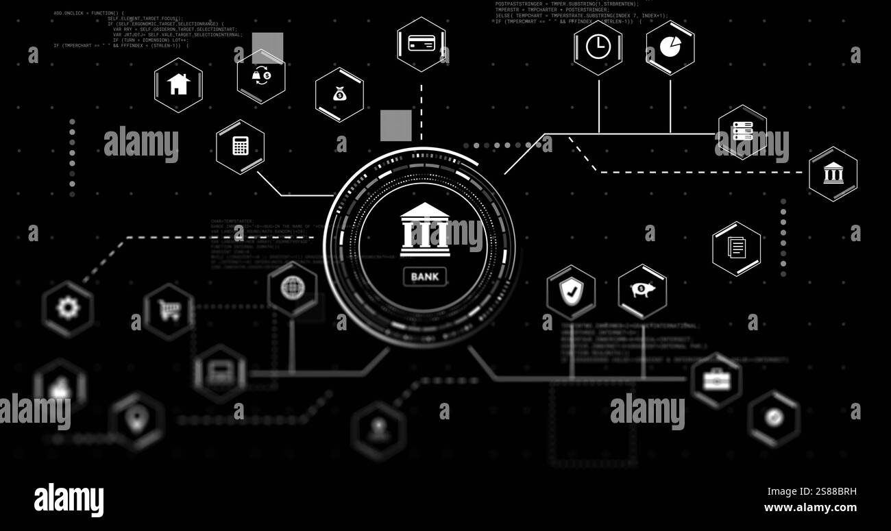 Immagine della rete di connessioni con icone elaborazione dati digitale su sfondo nero Foto Stock