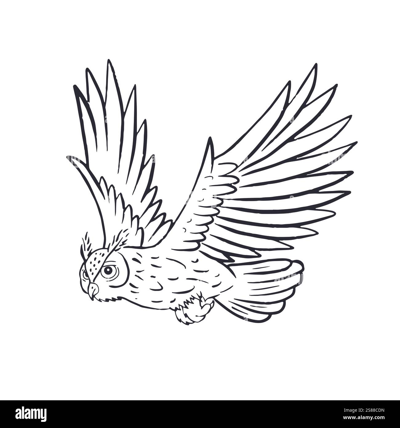 Volo a mano in linea bianca e nera con gufo d'aquila disegnata a mano Illustrazione Vettoriale