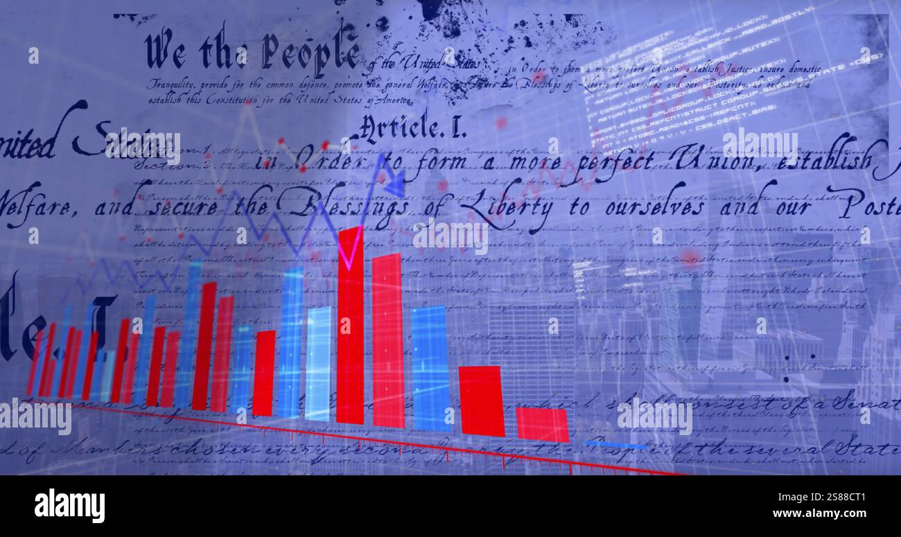 Immagine di diagrammi e testo del documento sopra il paesaggio urbano Foto Stock