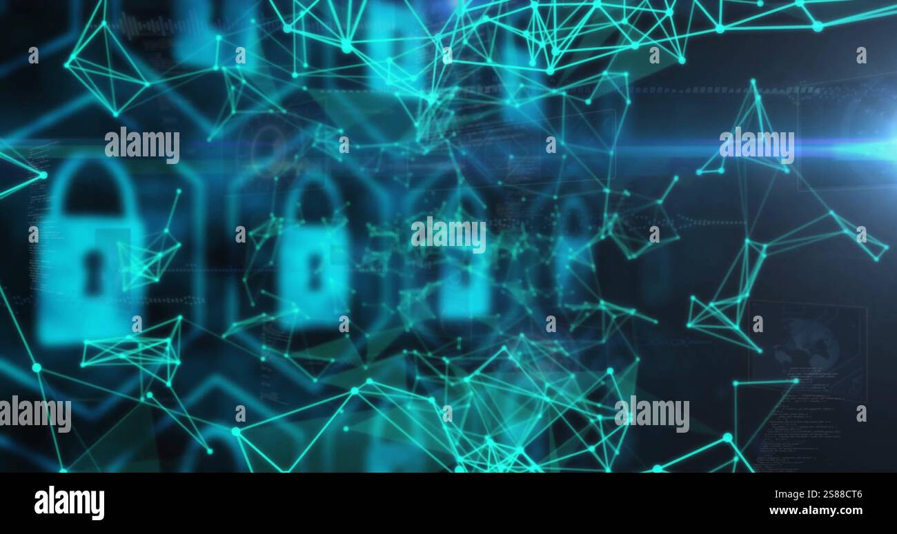 Immagine delle icone dei lucchetti e dell'elaborazione dei dati sulla scheda a circuito stampato Foto Stock