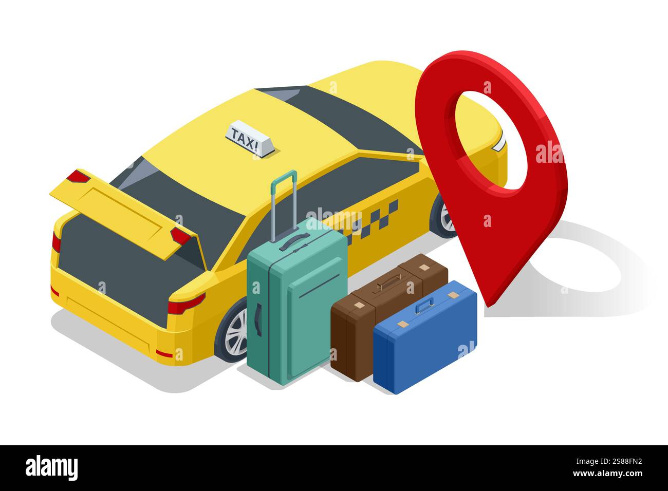 Un taxi giallo con bagagliaio aperto e varie valigie, accompagnato da una grande spilla rossa che mette in risalto i servizi di viaggio e di taxi basati sulla posizione Illustrazione Vettoriale