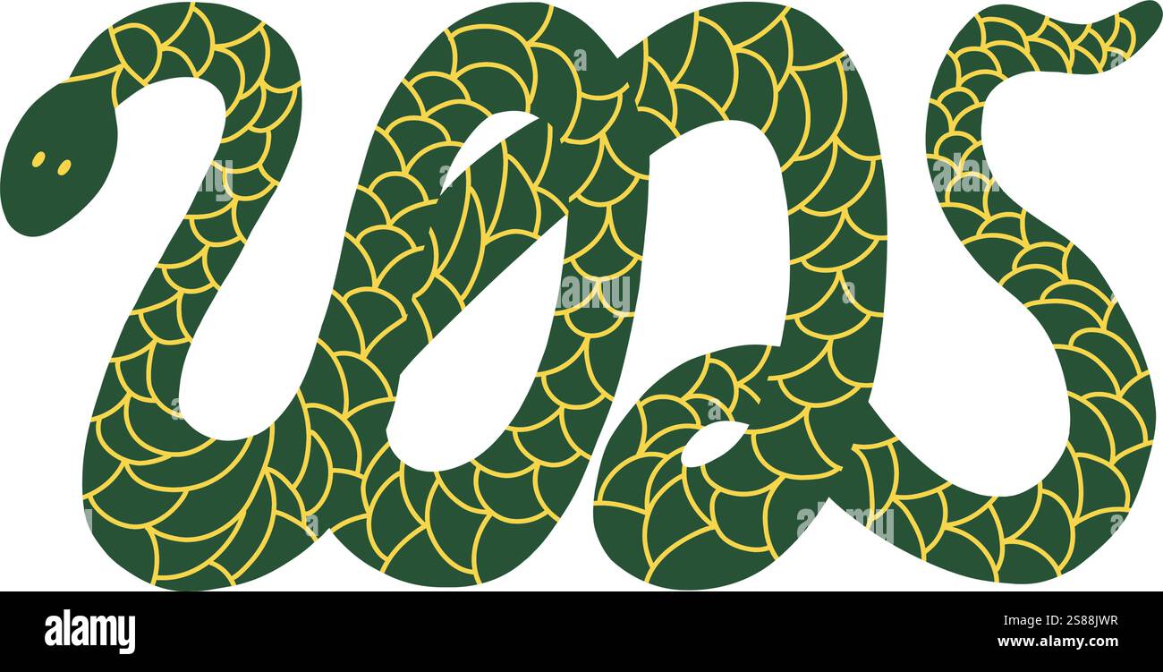 Silhouette di serpente in legno verde a forma di 2025 con ornamenti dorati. Simbolo animale del capodanno cinese. Illustrazione Vettoriale