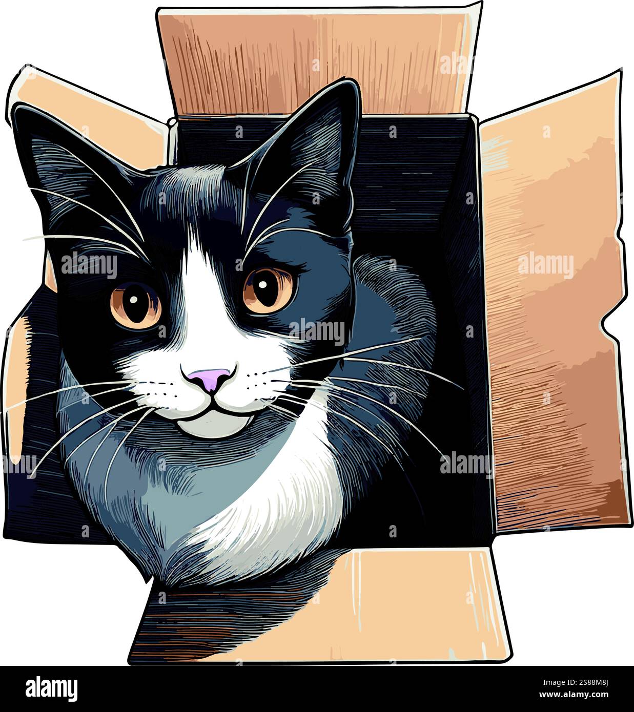 Divertente ritratto felino con un curioso gatto smoking all'interno di una scatola di cartone Illustrazione Vettoriale