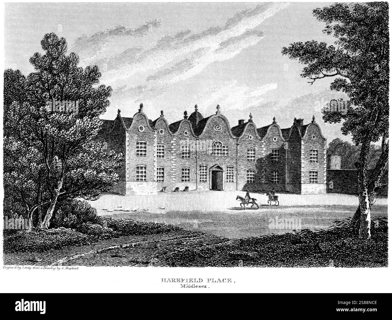 Un'incisione di Harefield Place, Middlesex scansionata ad alta risoluzione da un libro pubblicato intorno al 1815. Foto Stock