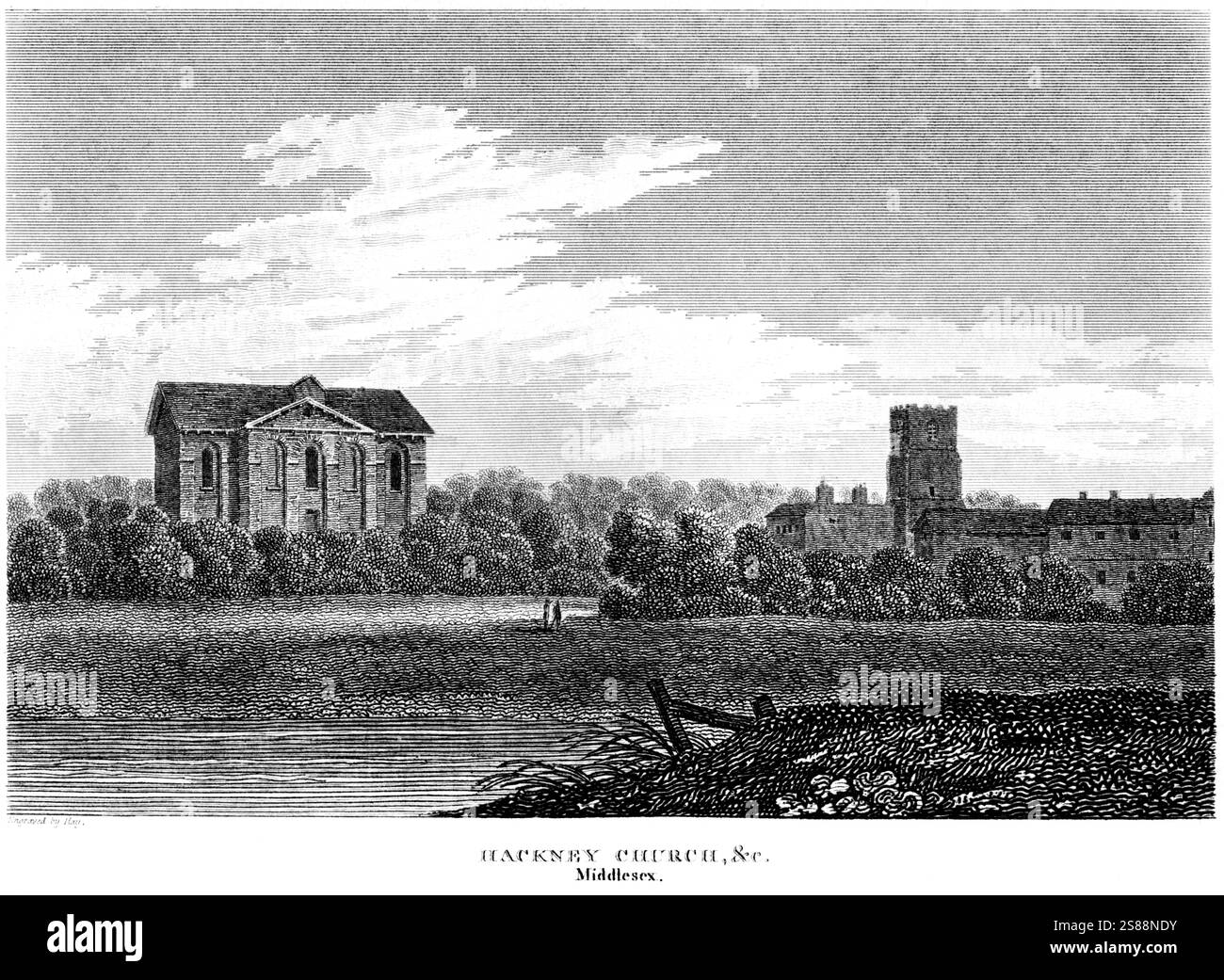 Un'incisione di Hackney Church &c.. Middlesex scansionato ad alta risoluzione da un libro pubblicato intorno al 1815. Foto Stock