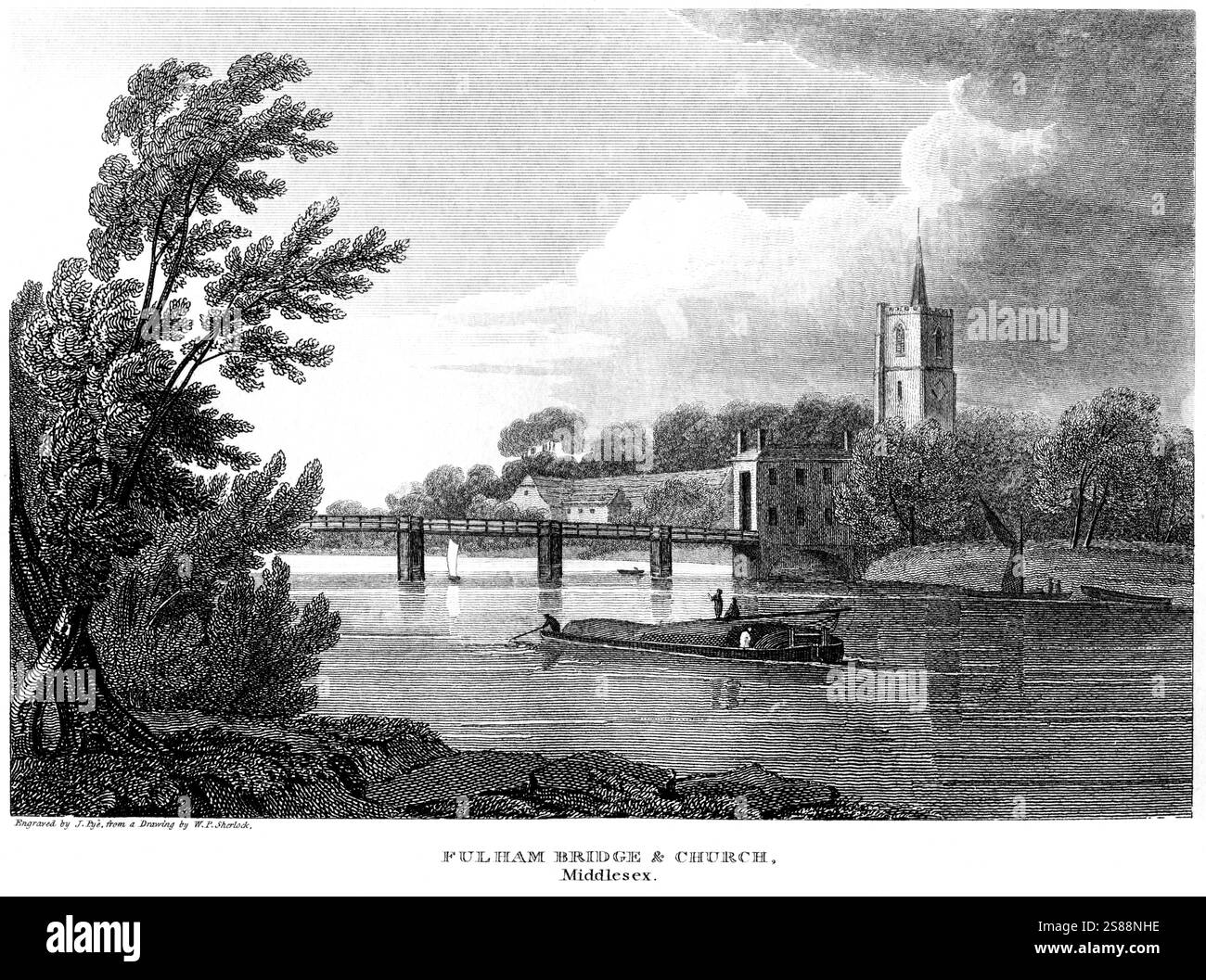 Un'incisione di Fulham Bridge & Church, Middlesex scansionata ad alta risoluzione da un libro pubblicato intorno al 1815. Foto Stock
