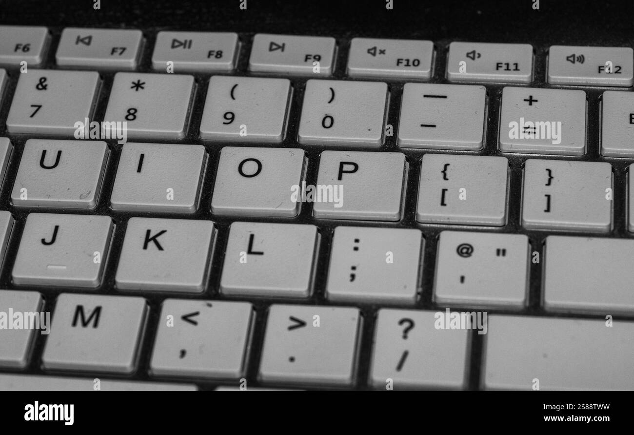 Primo piano della tastiera di un computer. I tasti mostrano le lettere "U", "i", "o", "P" in riga, la tastiera è sporca e mostra come i batteri possono diffondersi. Foto Stock